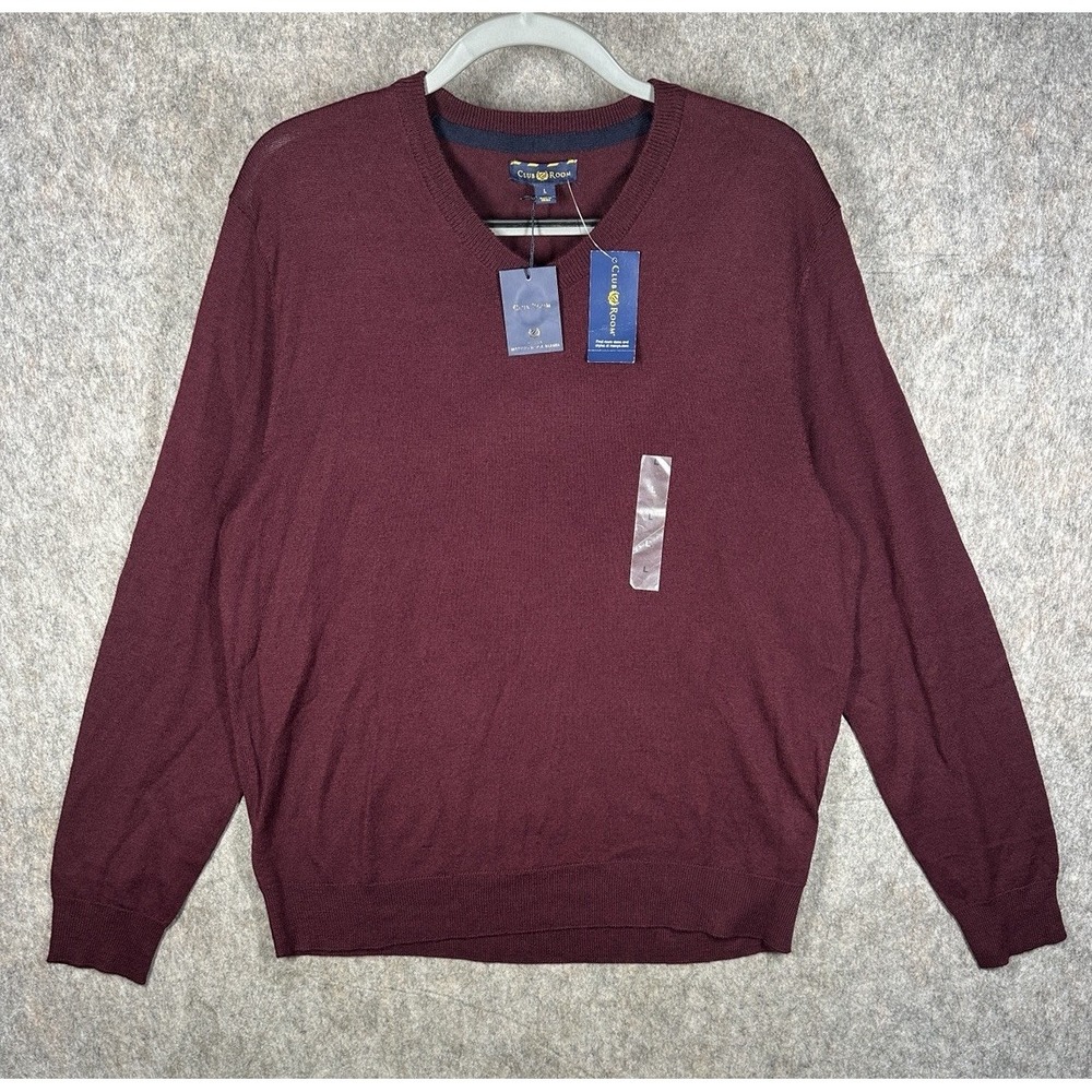 Club Room Mens Large Merino Wool Blend V Neck Sweater Red Plum Burgundy NWT